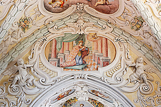 粉饰灰泥,壁画,天花板,教区教堂,莫斯托格,下奥地利州,奥地利,欧洲