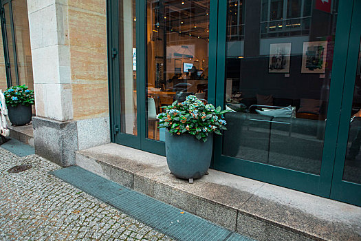 德国柏林,街道上的餐厅,落地窗前摆放的花盆