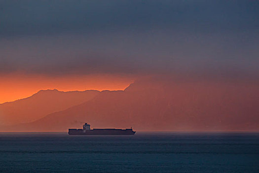 货船,通过,黎明,海岸线,摩洛哥,背景,安达卢西亚,西班牙