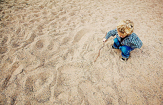 小男孩,棍,大,沙子