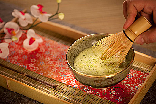 混合,日本,绿茶,仪式,碗,搅拌器