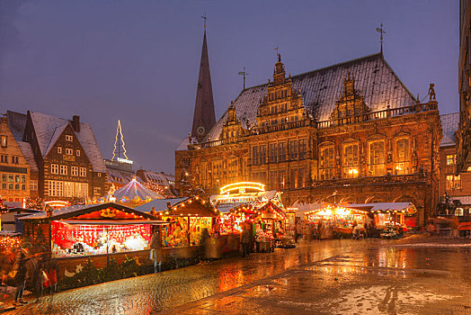 老市政厅,圣诞市场,市场,广场,黄昏,不莱梅,德国,欧洲