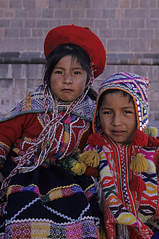 秘鲁,库斯科市,孩子,传统服装,盖丘亚族