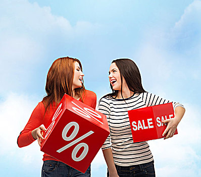 购物,销售,礼物,两个,微笑,少女,百分比,标识,红色,盒子