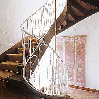 弯曲,楼梯,壁挂,刷白,石墙,传统,楼梯井