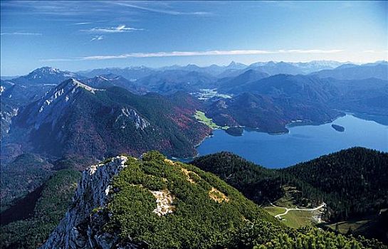 瓦尔幸湖,湖,全景,山,阿尔卑斯山,巴伐利亚,德国,欧洲
