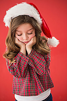悲伤,小女孩,圣诞帽