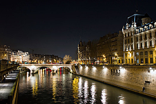 法国,巴黎,赛纳河,桥,夜晚