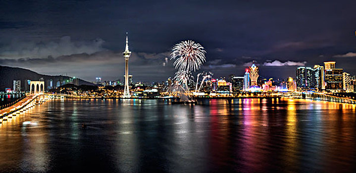 澳门,海面,夜景,灯光,大桥,烟花