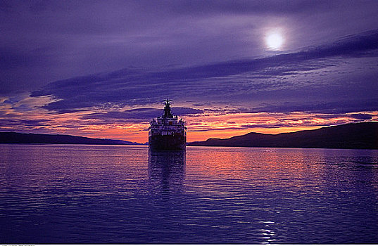 船,水上,日落,格陵兰