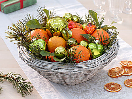 篮子,橘子,松树,嫩枝,小玩意,圣诞节