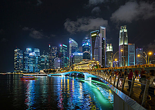 人群,旅游,水岸,桥,码头,湾,夜晚,新加坡,东南亚