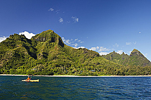 夏威夷,考艾岛,纳帕利海岸,皮划艇手,划船,海岸线,漂亮,山峦,背景,使用,只有
