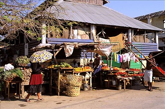 马达加斯加,市场,果蔬,房子,男人,靠近,人力三轮车