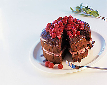 巧克力蛋糕,树莓,奶油