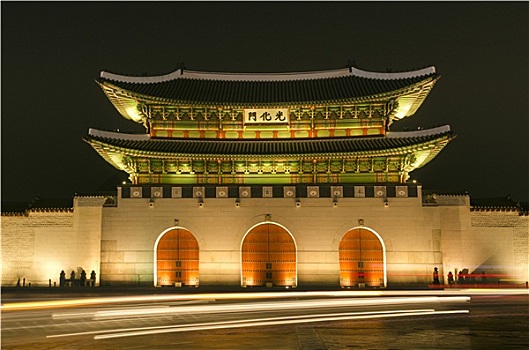 大门,景福宫,首尔,韩国,夜晚