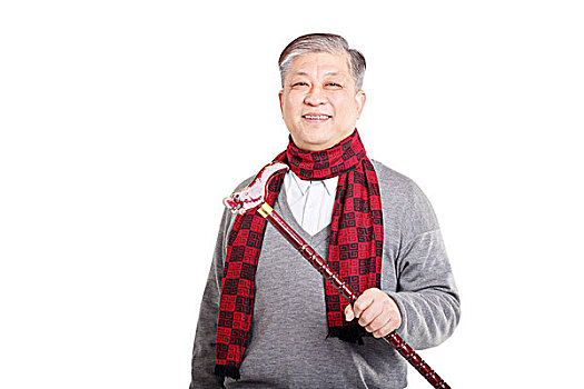 頭像,老,亞洲人,男人,紅色,圍巾,手杖