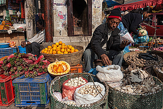 销售,蔬菜,街道,卖蔬菜,人,老城,加德满都,尼泊尔,亚洲
