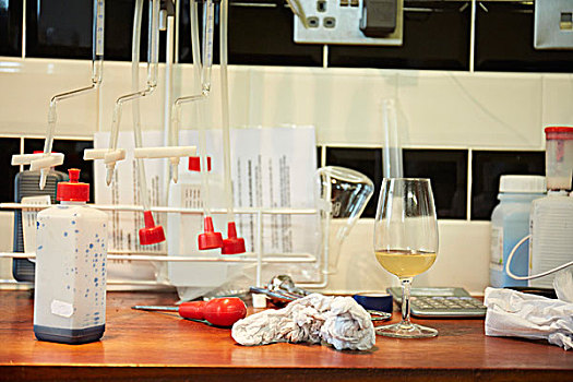 葡萄酒厂,实验室,操作台,长颈瓶,管,葡萄酒杯,螺丝刀