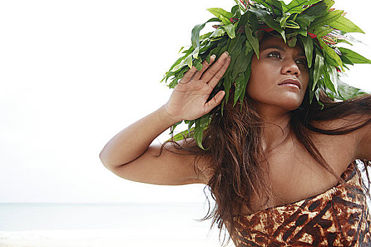 夏威夷,瓦胡岛,玻利尼西亚人,女性,姿势,穿,蕨类,布