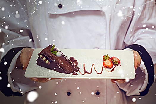 合成效果,图像,雪,厨师,展示,巧克力蛋糕,草莓