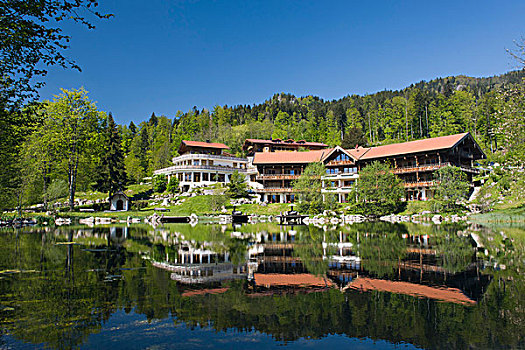 酒店,餐馆,湖,巴伐利亚阿尔卑斯山,上巴伐利亚,巴伐利亚,德国,欧洲