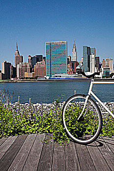 自行车,木板路,曼哈顿,天际线,背景,纽约,美国