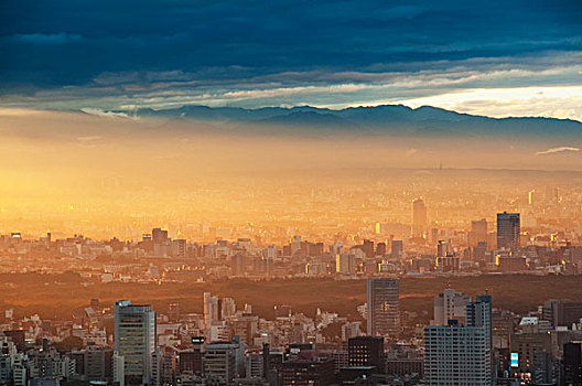 日本,东京,阳光,日出,上方,城市,山,背景