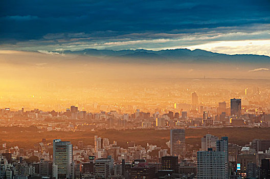 日本,東京,陽(yáng)光,日出,上方,城市,山,背景
