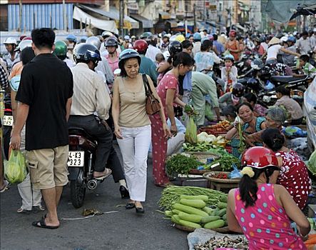 许多人,一堆,途中,街边市场,湄公河三角洲,越南,亚洲