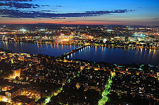 波士顿,查尔斯河,俯视,黄昏