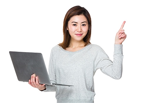 亚洲女性,拿着,笔记本电脑,手指,向上