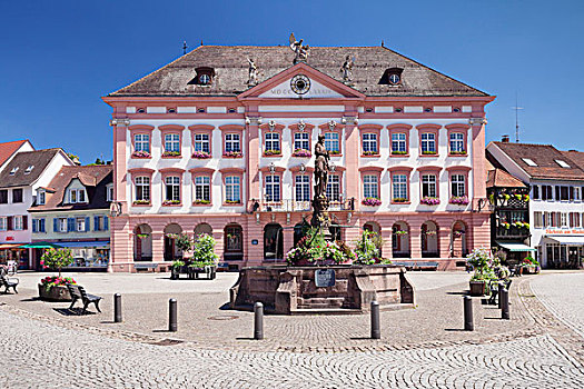 市政厅,喷泉,市场,金兹格塔尔,德国,黑森林,巴登符腾堡,欧洲