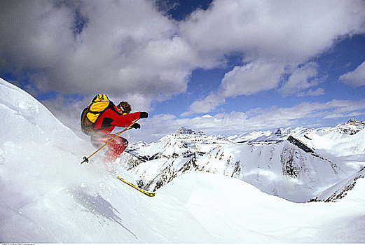 男人,滑雪,跳跃,空中,路易斯湖,艾伯塔省,加拿大