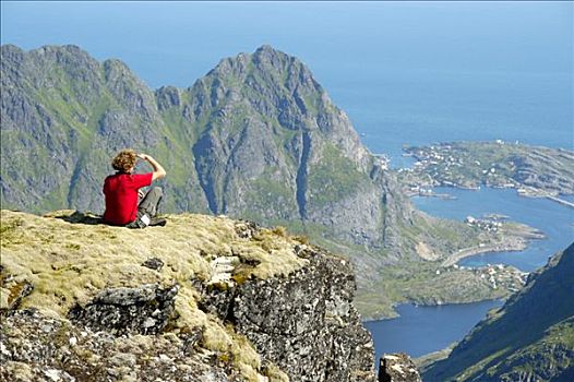 登山者,享受,顶峰,山,罗弗敦群岛,挪威