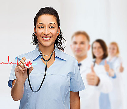 医药健康,概念,微笑,女性,美国黑人,医生,护理,听诊器