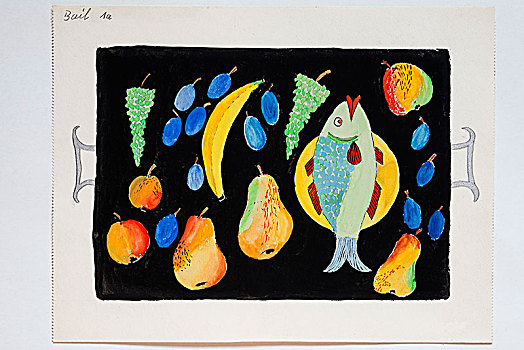 托盘,鱼肉,水果,绘画,11岁,德国,欧洲