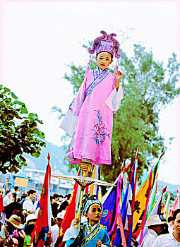中国,香港,长洲,岛屿,女孩,穿,传统服装,站立,小,立足点,拿,向上,男孩,队列,2000年