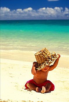 夏威夷,男婴,沙子,大,棕榈叶,帽子,清晰,青绿色,水