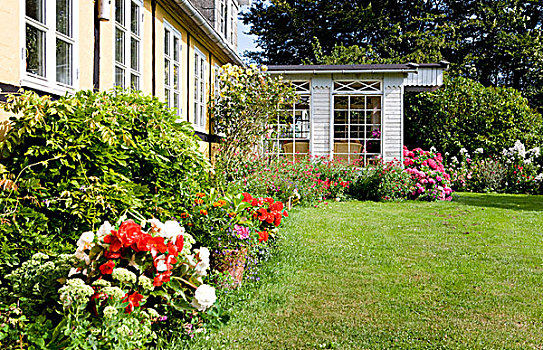 夏天,花园,整洁,草坪,开花植物,户外,房子,温室