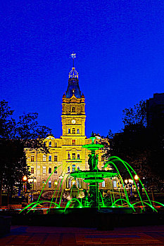 喷泉,魁北克,国会大厦,夜晚,魁北克城,加拿大