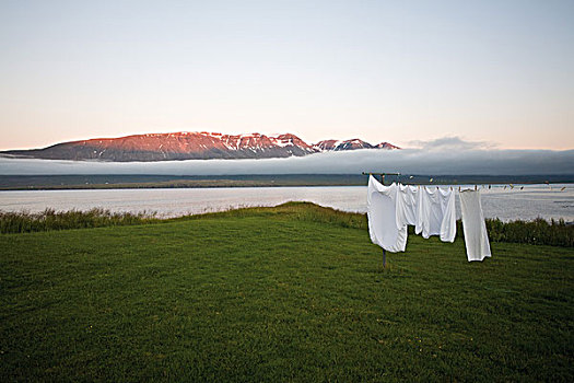 洗衣服,弄干,晾衣绳,遥远,风景,冰岛