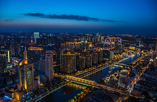 天津,俯拍天津海河景观带夜色