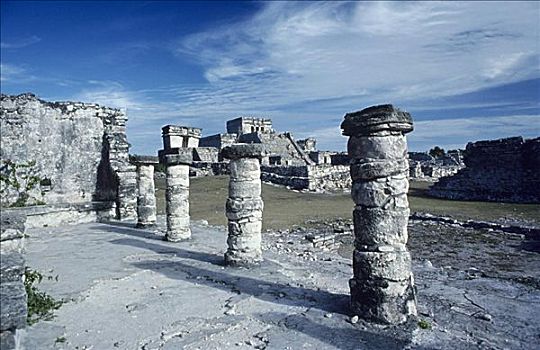 墨西哥,尤卡坦半岛,玛雅,遗址,老,石头,柱子