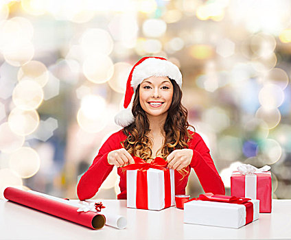 圣诞节,休假,庆贺,装饰,人,概念,微笑,女人,圣诞老人,帽子,纸,包装,礼盒,上方,背景
