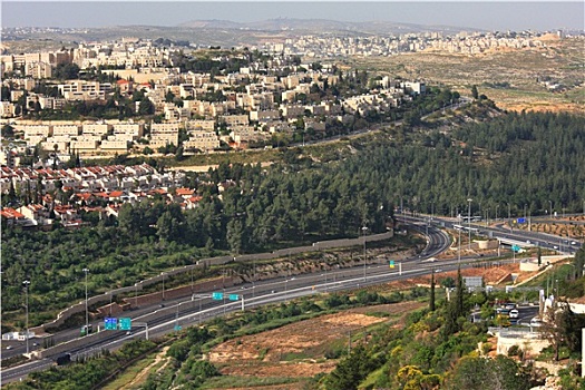 航拍,公路,山,城市,区域,耶路撒冷,以色列