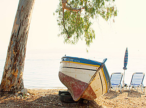 渔船,空,折叠躺椅,海滩,科孚岛,希腊