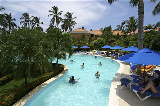 游泳池,折叠躺椅,胜地,蓬塔卡纳,多米尼加共和国,加勒比海,美洲