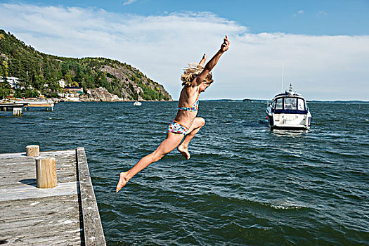 女人,跳跃,海洋