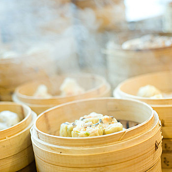 中国,蒸制,点心,竹子,容器,传统,食物